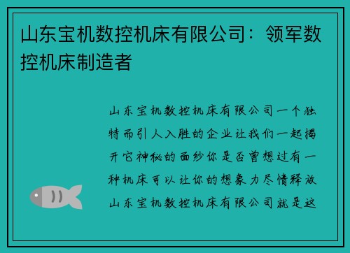 山东宝机数控机床有限公司：领军数控机床制造者